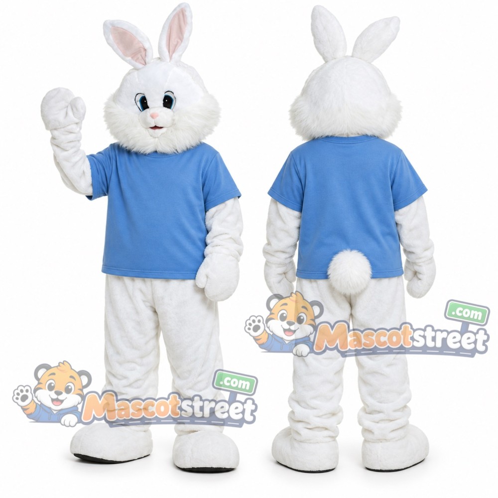 White Rabbit Mascot Costume with Blue Shirt