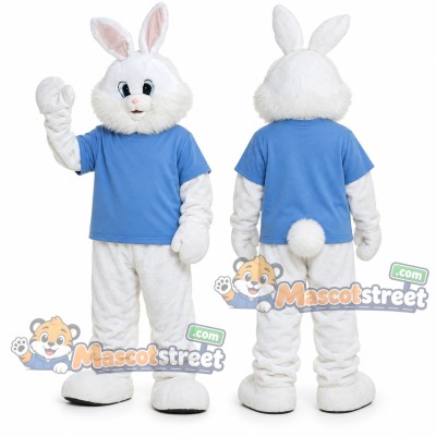 White Rabbit Mascot Costume with Blue Shirt