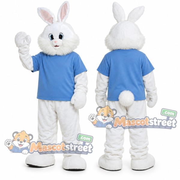 White Rabbit Mascot Costume with Blue Shirt