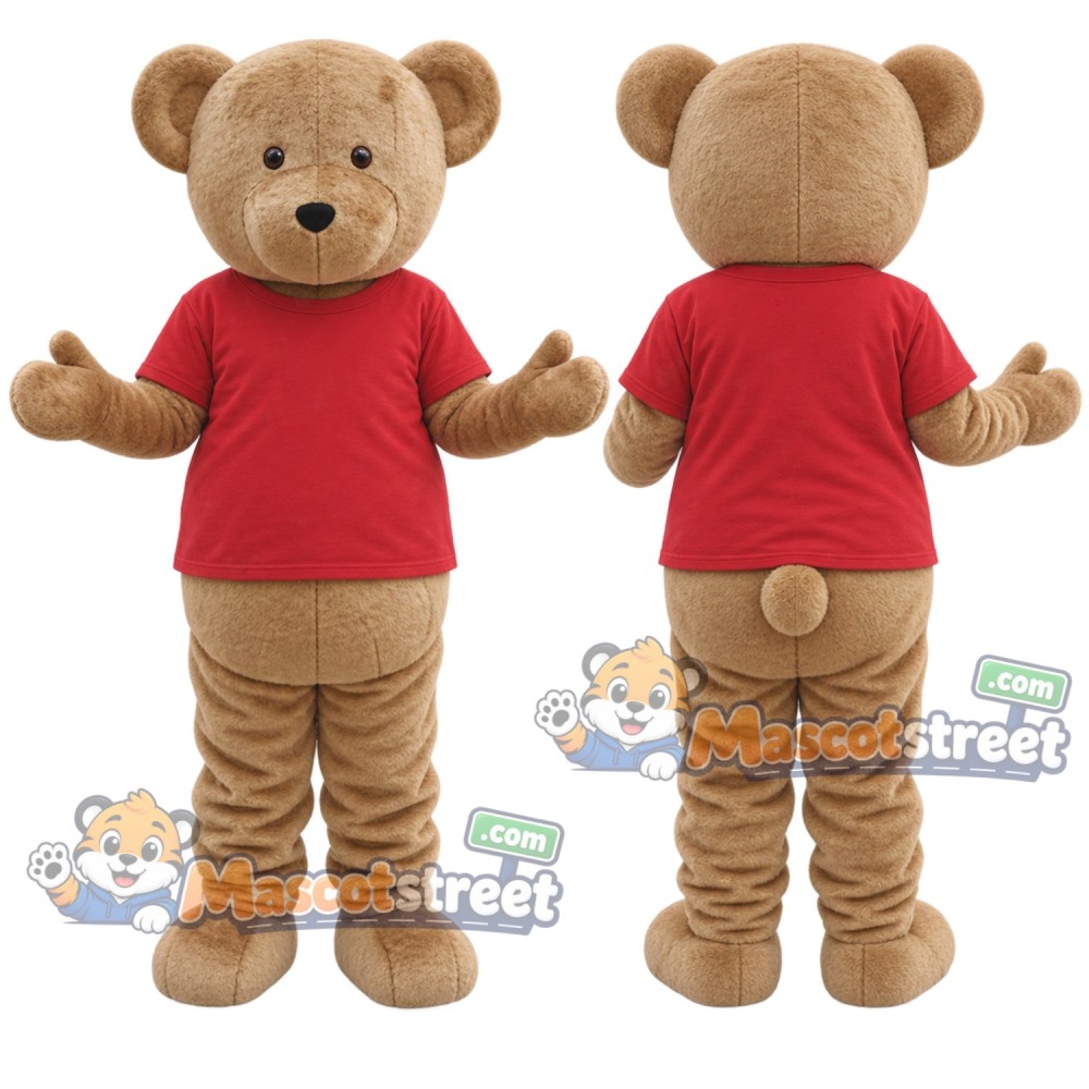 Tan Bear Mascot Costume with Red Shirt