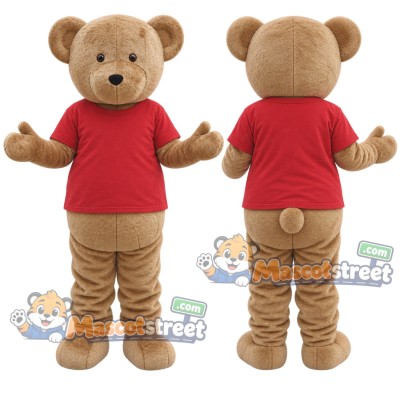 Tan Bear Mascot Costume with Red Shirt