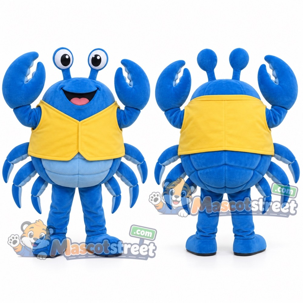 Blue Crab Mascot Costume with Yellow Vest Blue Crab Mascot Costume with Yellow Vest