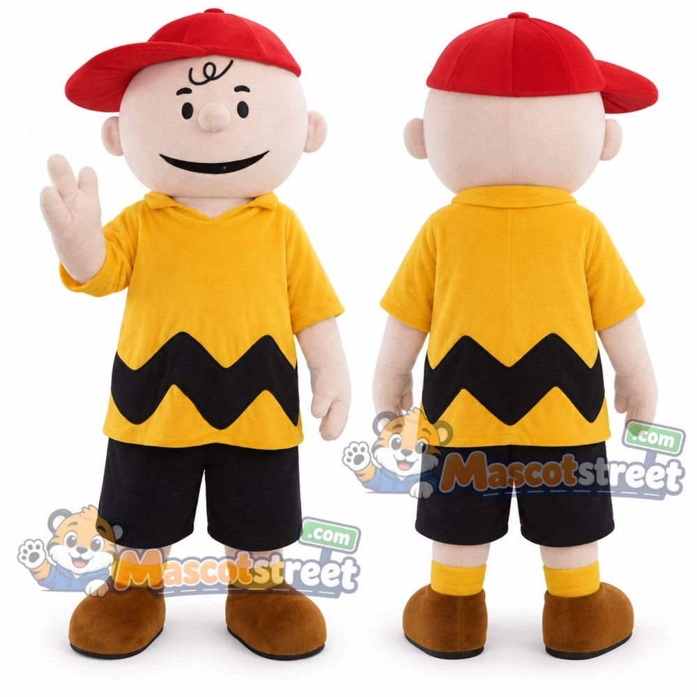 Boy Mascot Costume with Yellow Zigzag Shirt, Black Shorts and Red Cap Boy Mascot Costume with Yellow Zigzag Shirt, Black Shorts and Red Cap