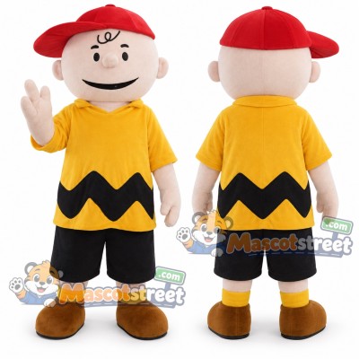 Boy Mascot Costume with Yellow Zigzag Shirt, Black Shorts and Red Cap Boy Mascot Costume with Yellow Zigzag Shirt, Black Shorts and Red Cap