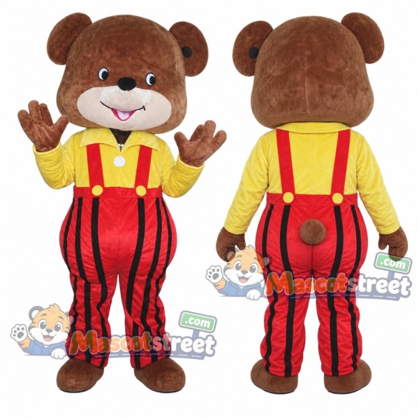 Brown Bear Mascot Costume with Yellow Shirt and Red Striped Overalls