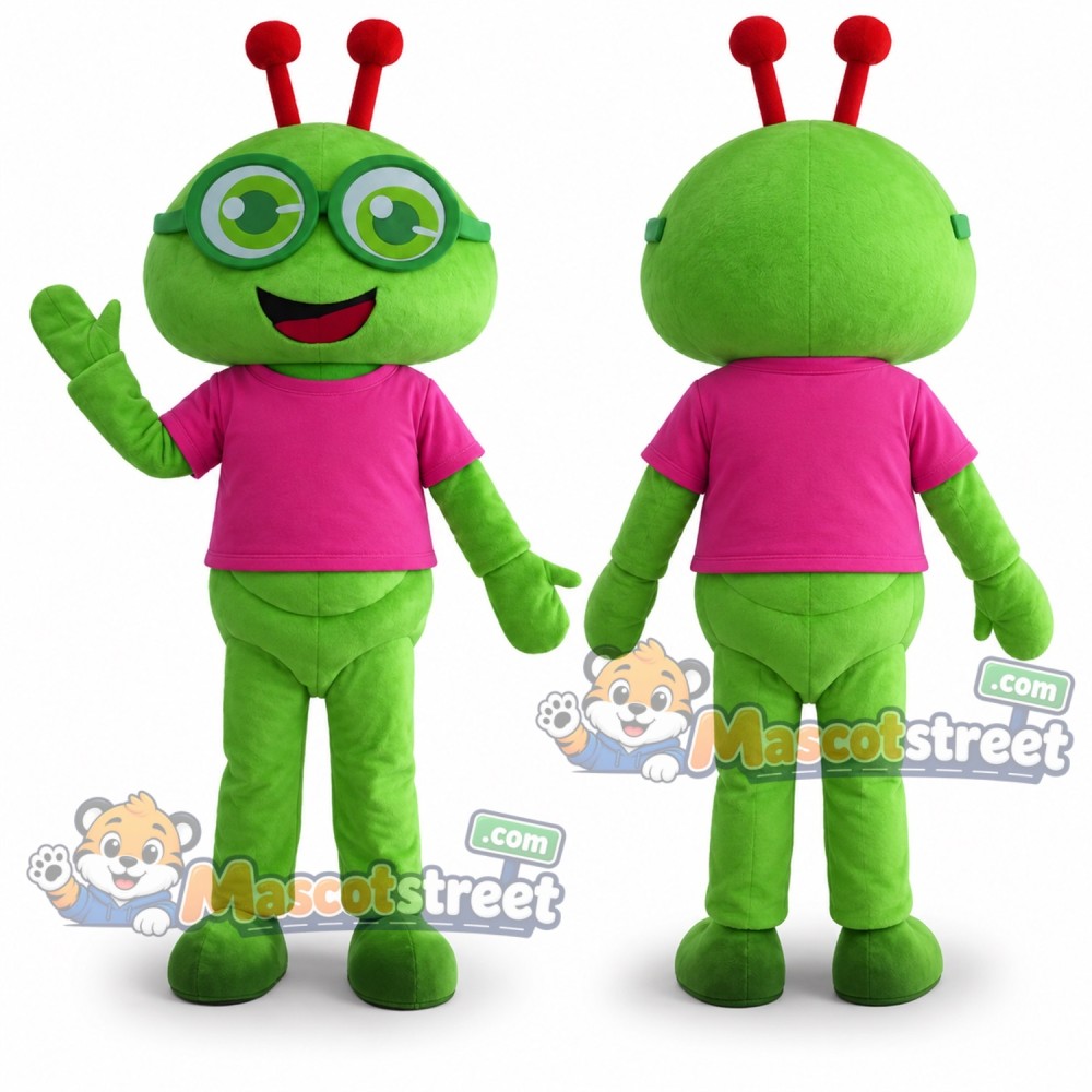 Green Caterpillar Mascot Costume with Pink Shirt and Glasses