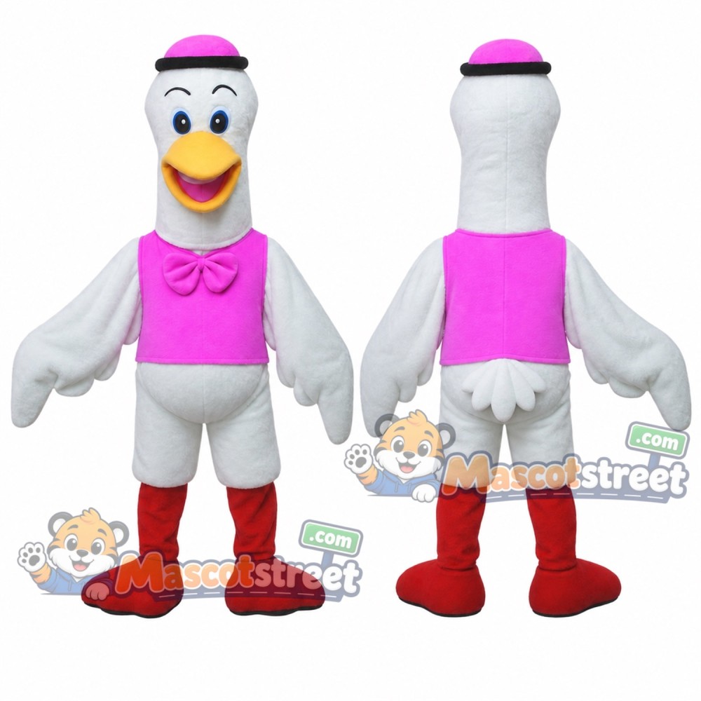 White Crane Mascot Costume with Pink Vest and Pink Hat White Crane Mascot Costume with Pink Vest and Pink Hat