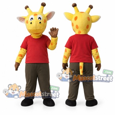 Yellow Giraffe Mascot Costume with Red Shirt and Black Trousers Yellow Giraffe Mascot Costume with Red Shirt and Black Trousers