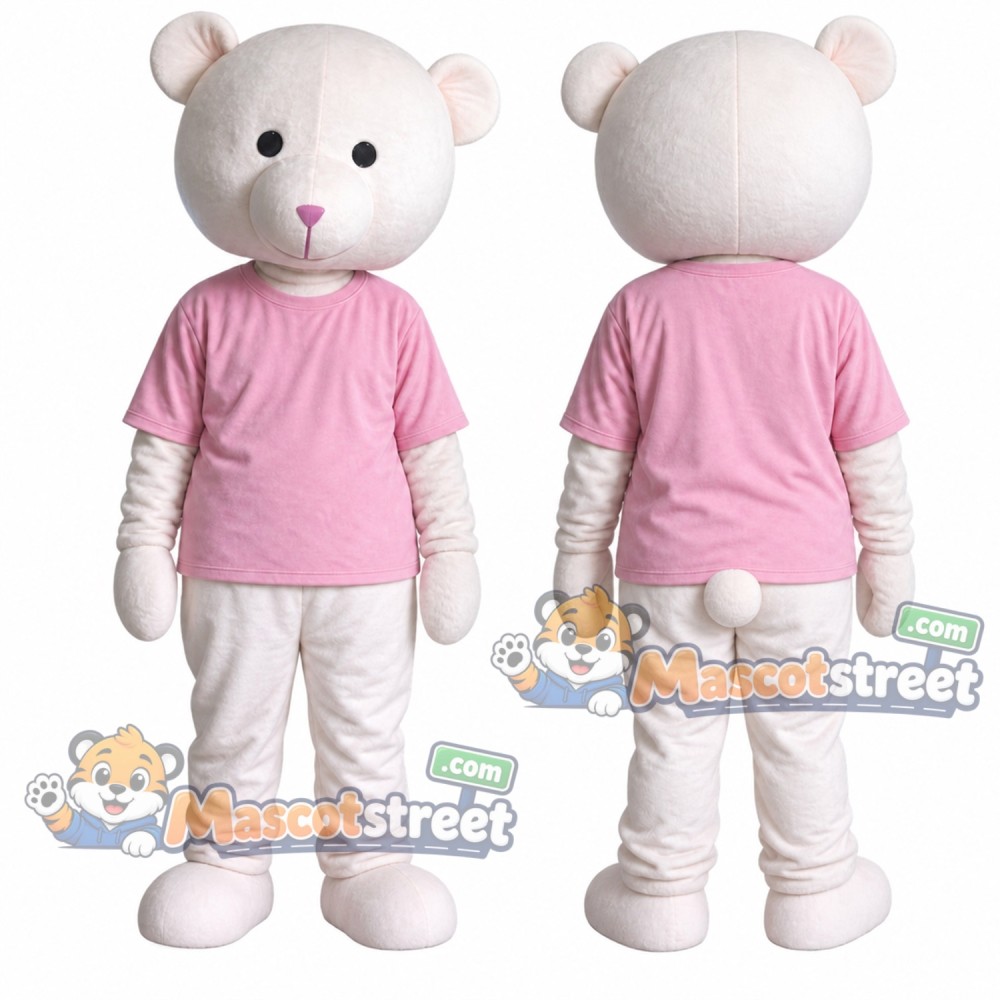 White Bear Mascot Costume with Pink Shirt