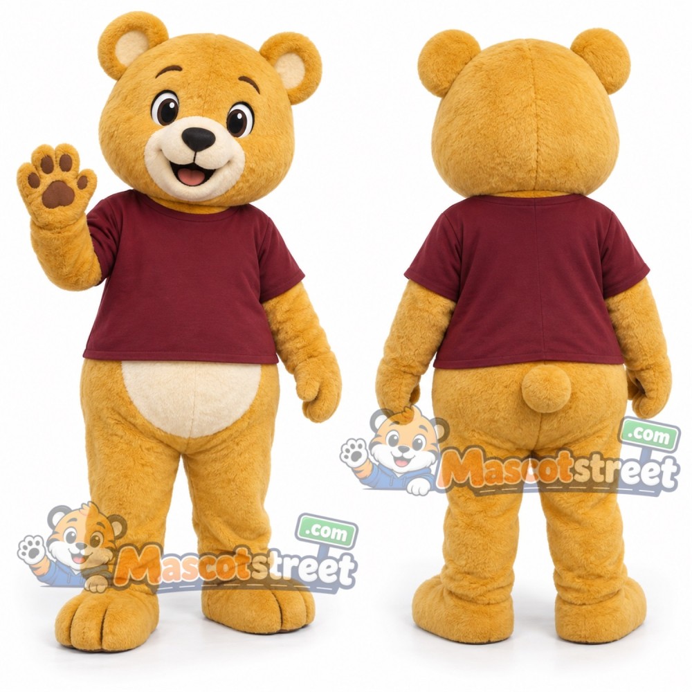 Yellow Bear Mascot Costume with Burgundy Shirt