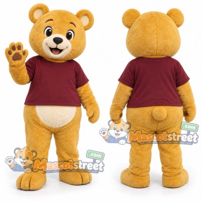 Yellow Bear Mascot Costume with Burgundy Shirt