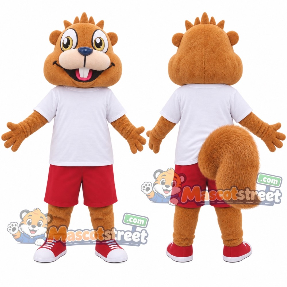 Brown Squirrel Mascot Costume with White Shirt and Red Shorts Brown Squirrel Mascot Costume with White Shirt and Red Shorts