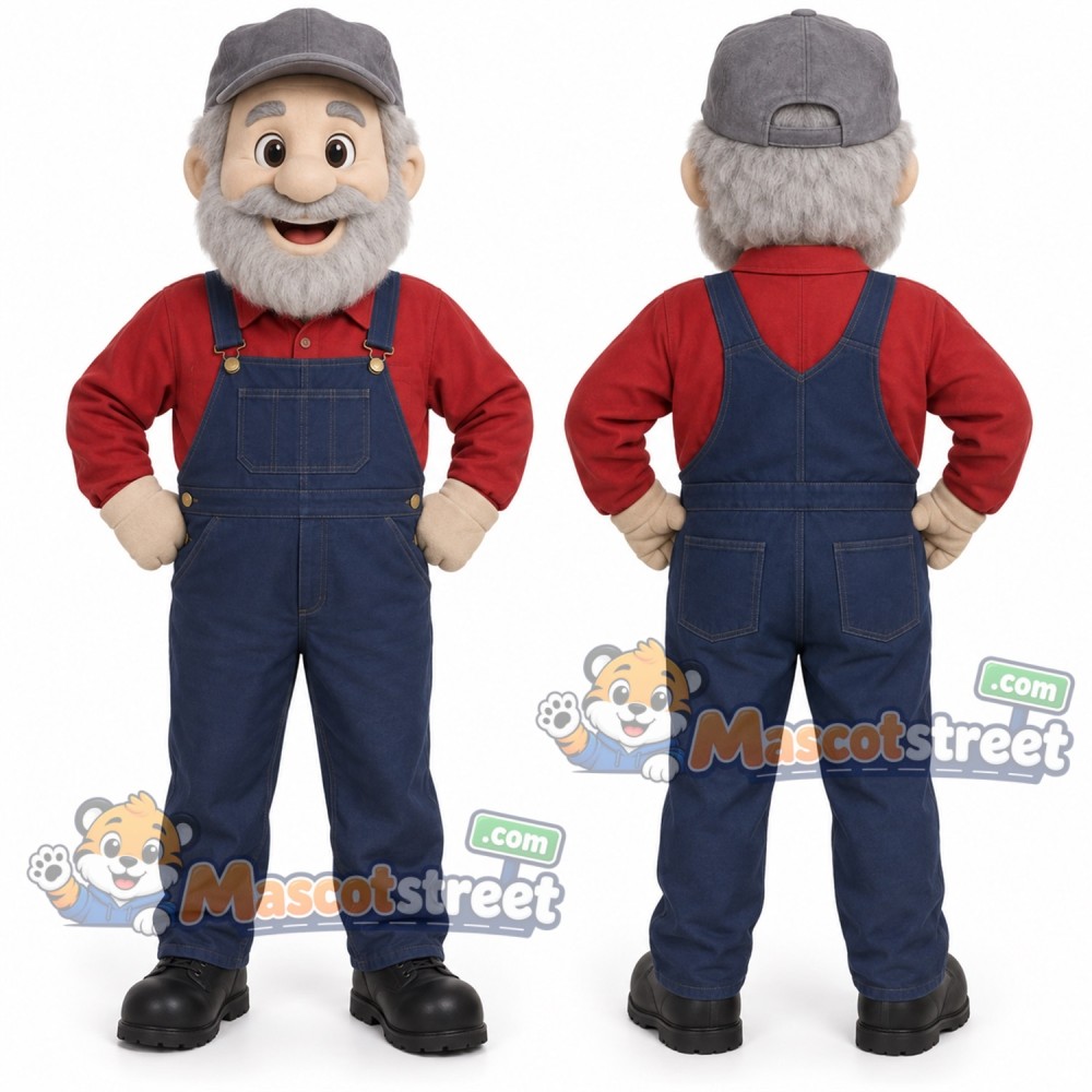 Bearded Dwarf Mascot Costume with Red Shirt, Navy Overalls and Gray Cap