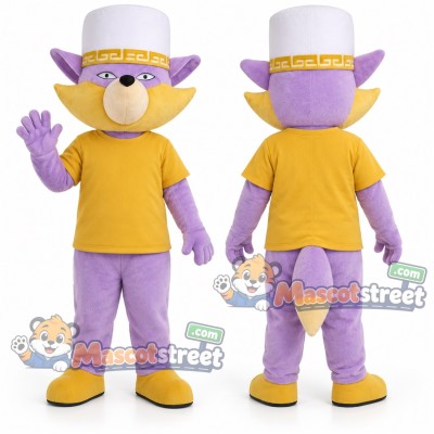 Purple Fox Mascot Costume with Yellow Shirt and White Top Hat Purple Fox Mascot Costume with Yellow Shirt and White Top Hat