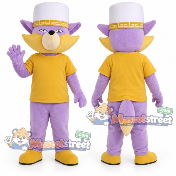 Purple Fox Mascot Costume with Yellow Shirt and White Top Hat
