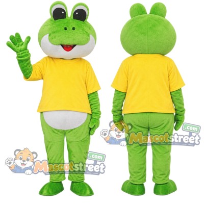 Green Frog Mascot Costume with Yellow Shirt