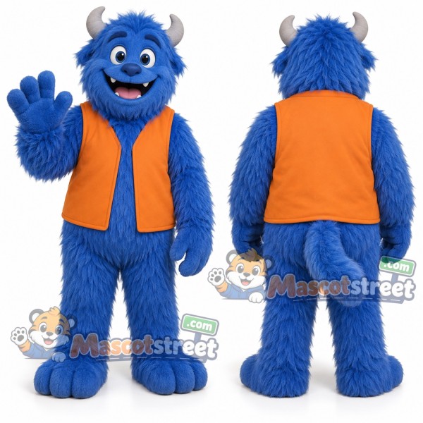Blue Monster Mascot Costume with Orange Vest