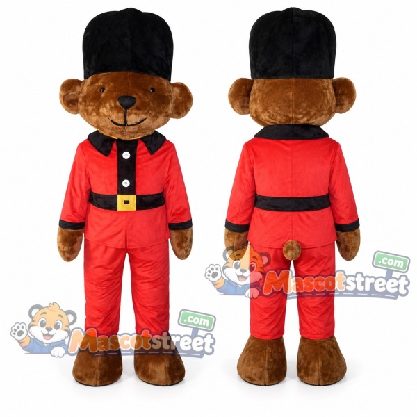Brown Bear Mascot Costume with Red Guard Uniform and Tall Black Hat