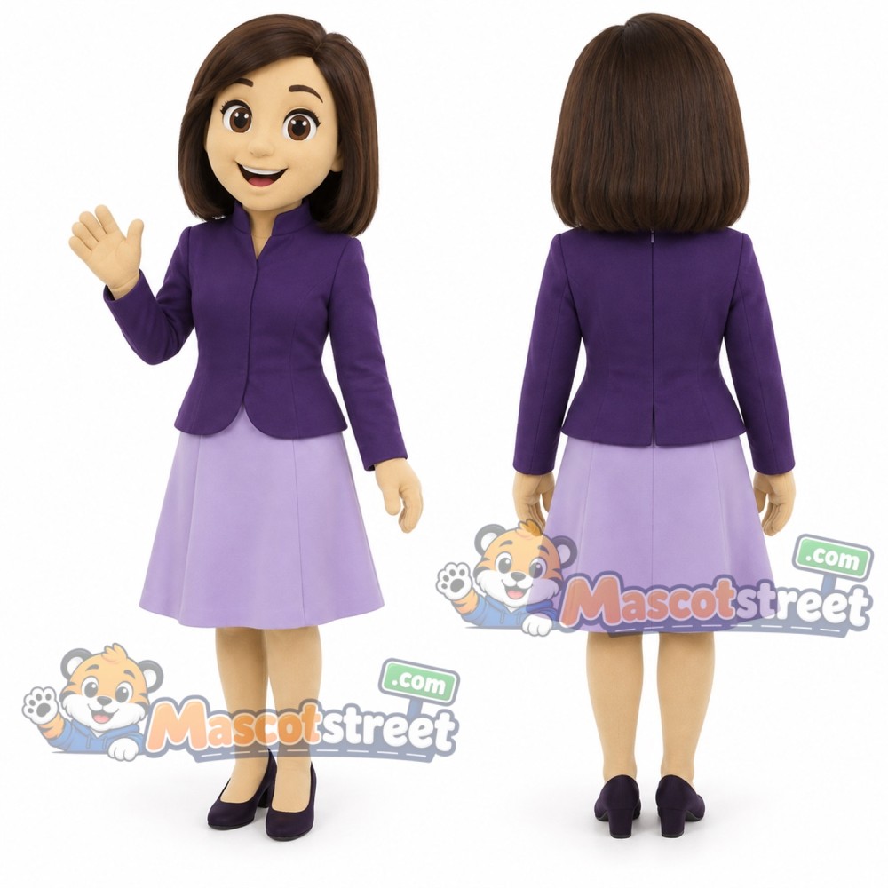 Girl Mascot Costume with Purple Jacket and Lilac Skirt Girl Mascot Costume with Purple Jacket and Lilac Skirt