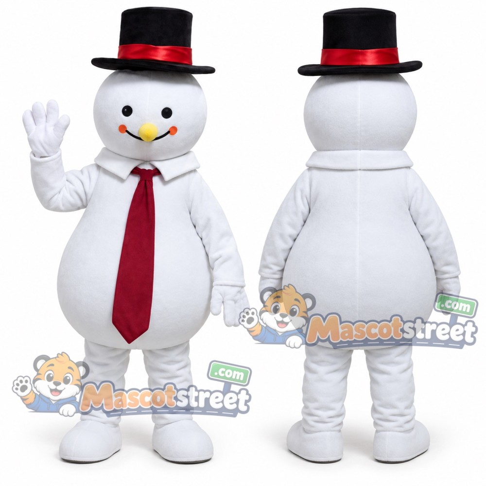 Snowman Mascot Costume with Black Top Hat and Red Tie Snowman Mascot Costume with Black Top Hat and Red Tie