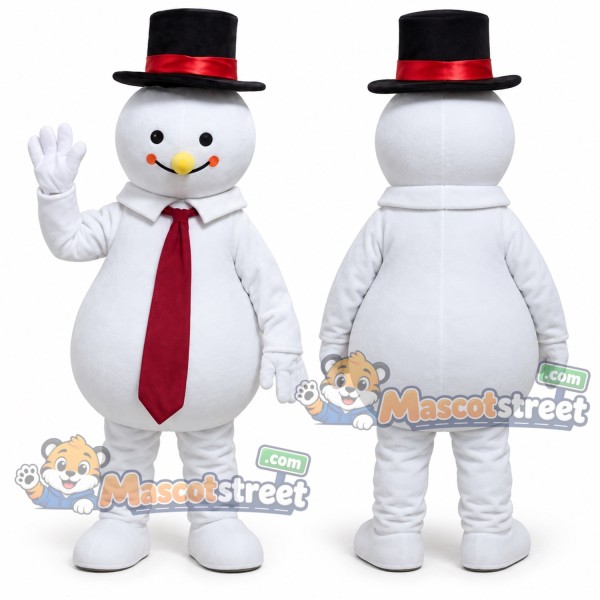 Snowman Mascot Costume with Black Top Hat and Red Tie