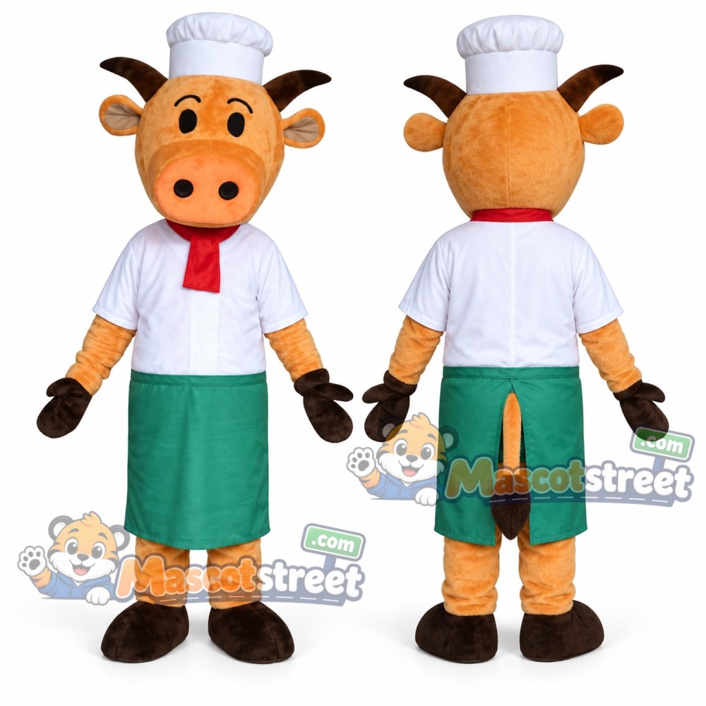 Orange Cow Mascot Costume with Chef Hat and Green Shorts