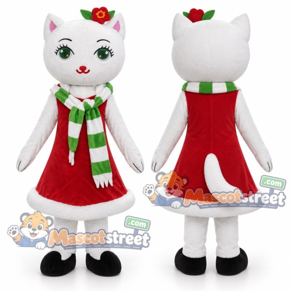 White Christmas Cat Mascot Costume with Red Dress and Striped Scarf