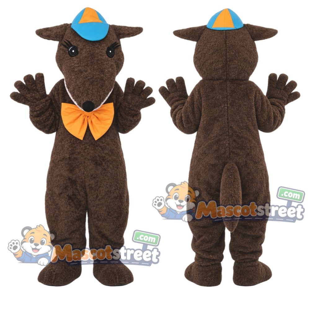 Brown Bull Mascot Costume with Cowboy Hat and Orange Bow Tie
