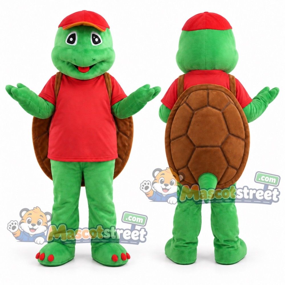 Green Turtle Mascot Costume with Red Shirt and Cap Green Turtle Mascot Costume with Red Shirt and Cap