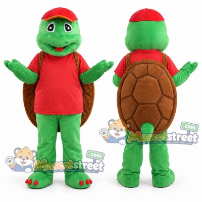 Green Turtle Mascot Costume with Red Shirt and Cap Green Turtle Mascot Costume with Red Shirt and Cap