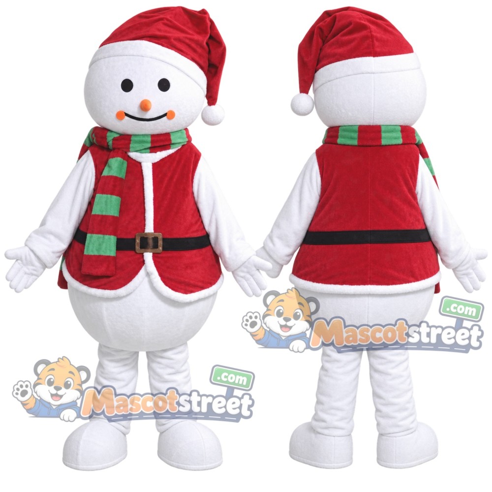Snowman Mascot Costume with Red Santa Vest and Striped Scarf