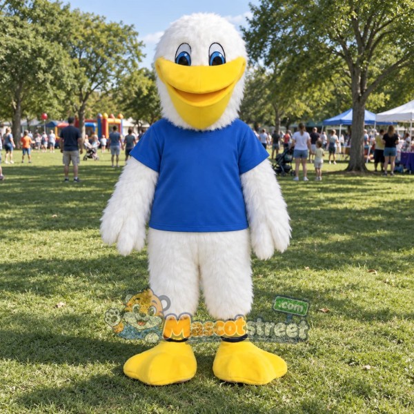 White Pelican Mascot Costume with Blue Shirt White Pelican Mascot Costume with Blue Shirt