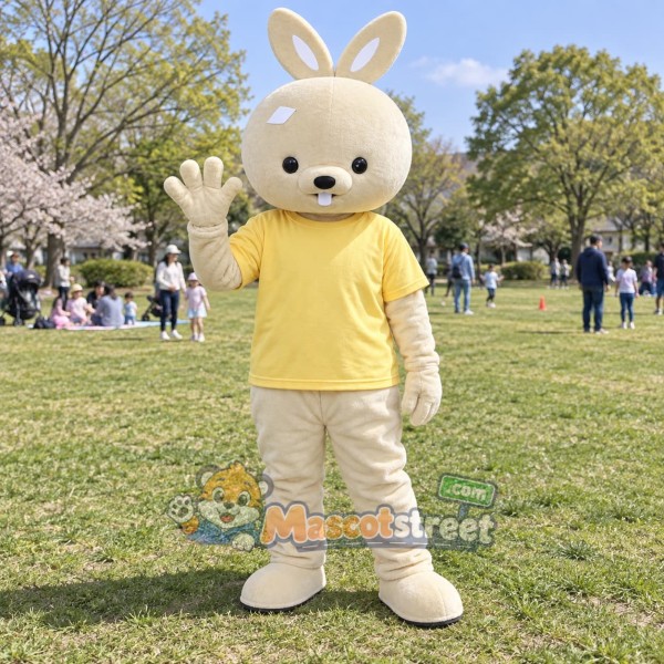 Cream Rabbit Mascot Costume with Yellow Shirt