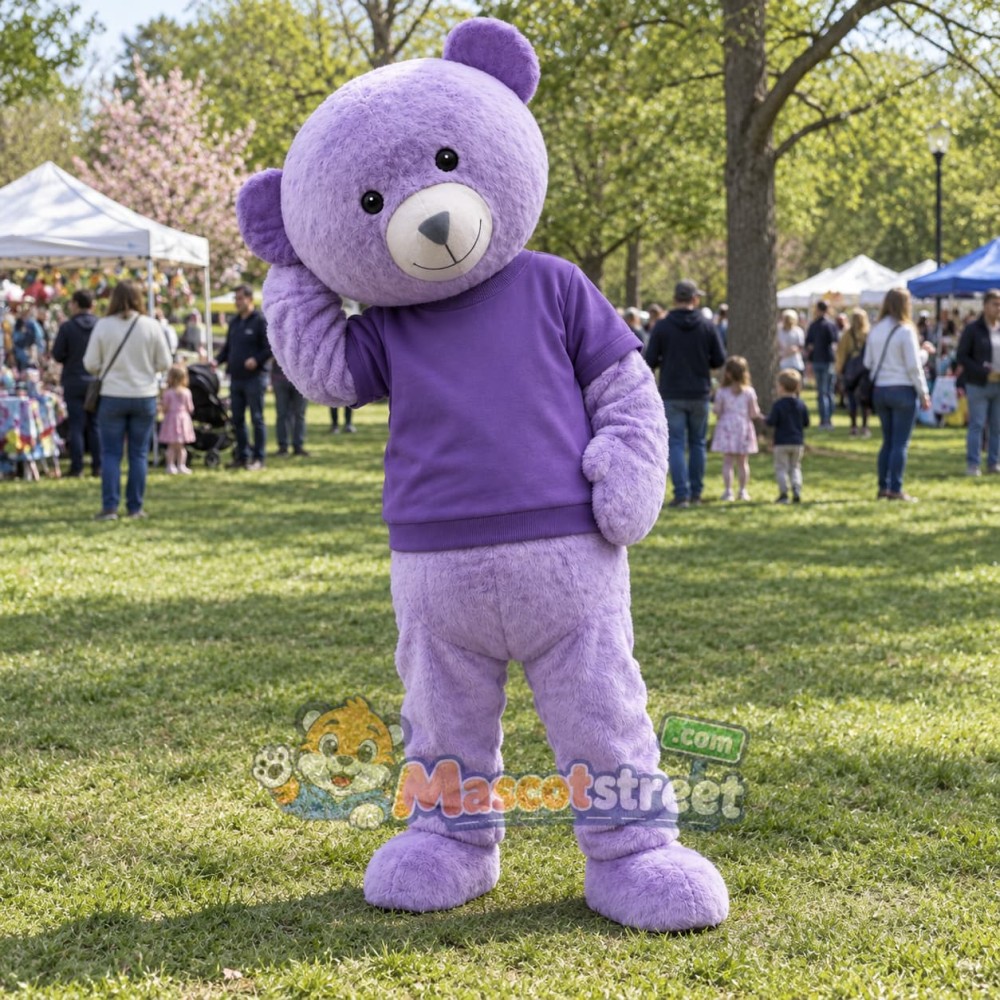 Purple Bear Mascot Costume with Purple Shirt