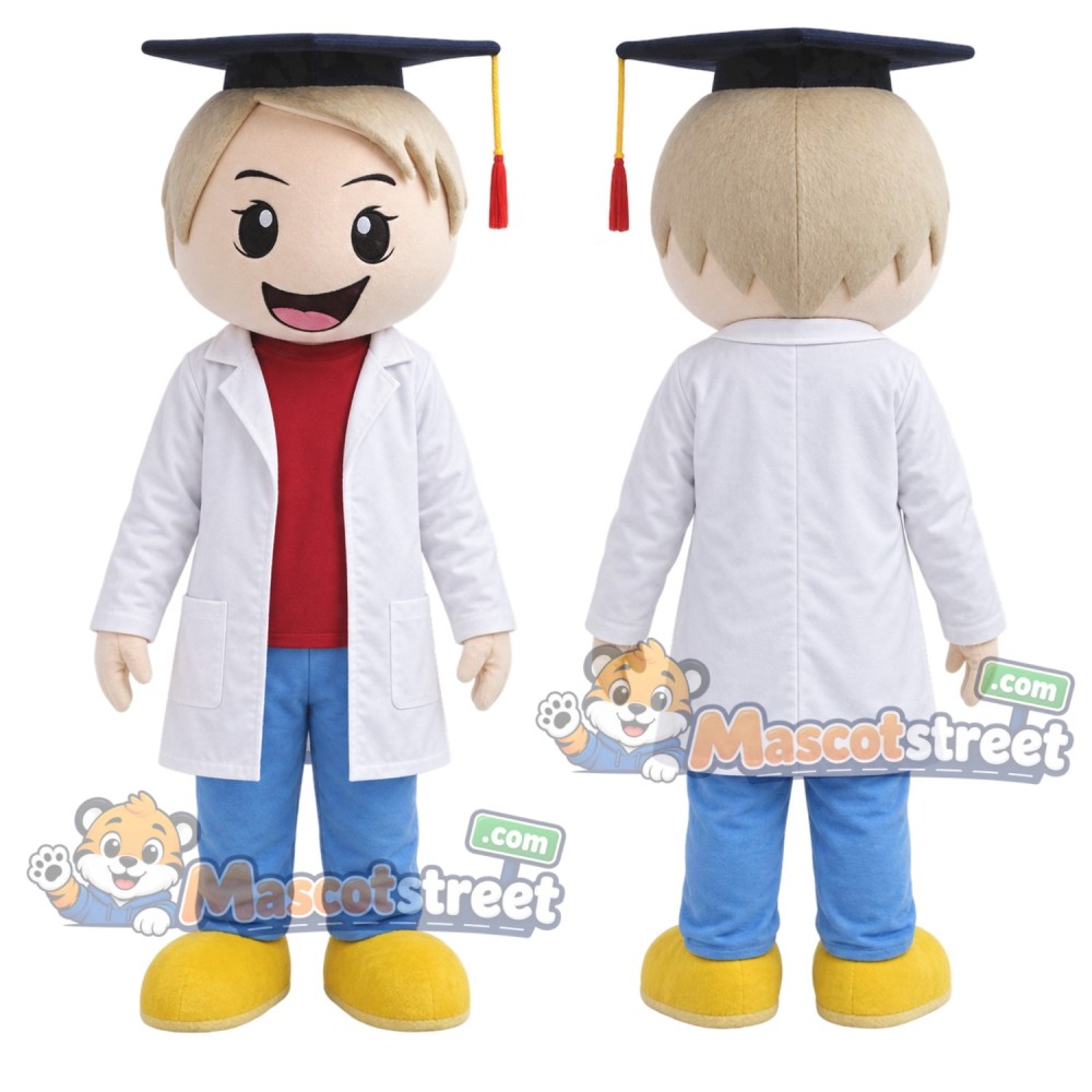 Graduate Boy Mascot Costume with White Coat and Graduation Cap Graduate Boy Mascot Costume with White Coat and Graduation Cap