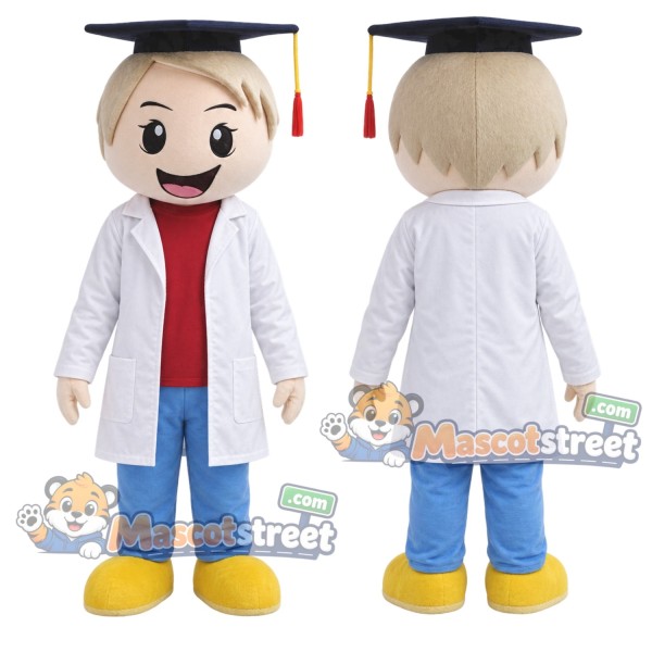 Graduate Boy Mascot Costume with White Coat and Graduation Cap
