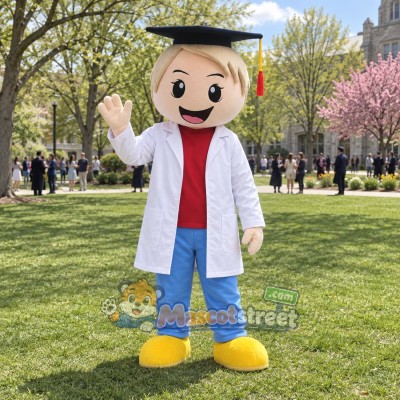 Graduate Boy Mascot Costume with White Coat and Graduation Cap Graduate Boy Mascot Costume with White Coat and Graduation Cap