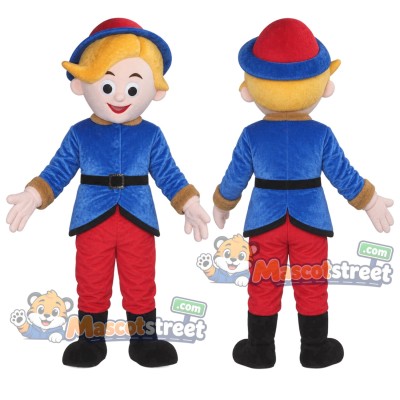 Elf Boy Mascot Costume with Blue Jacket and Red Pants