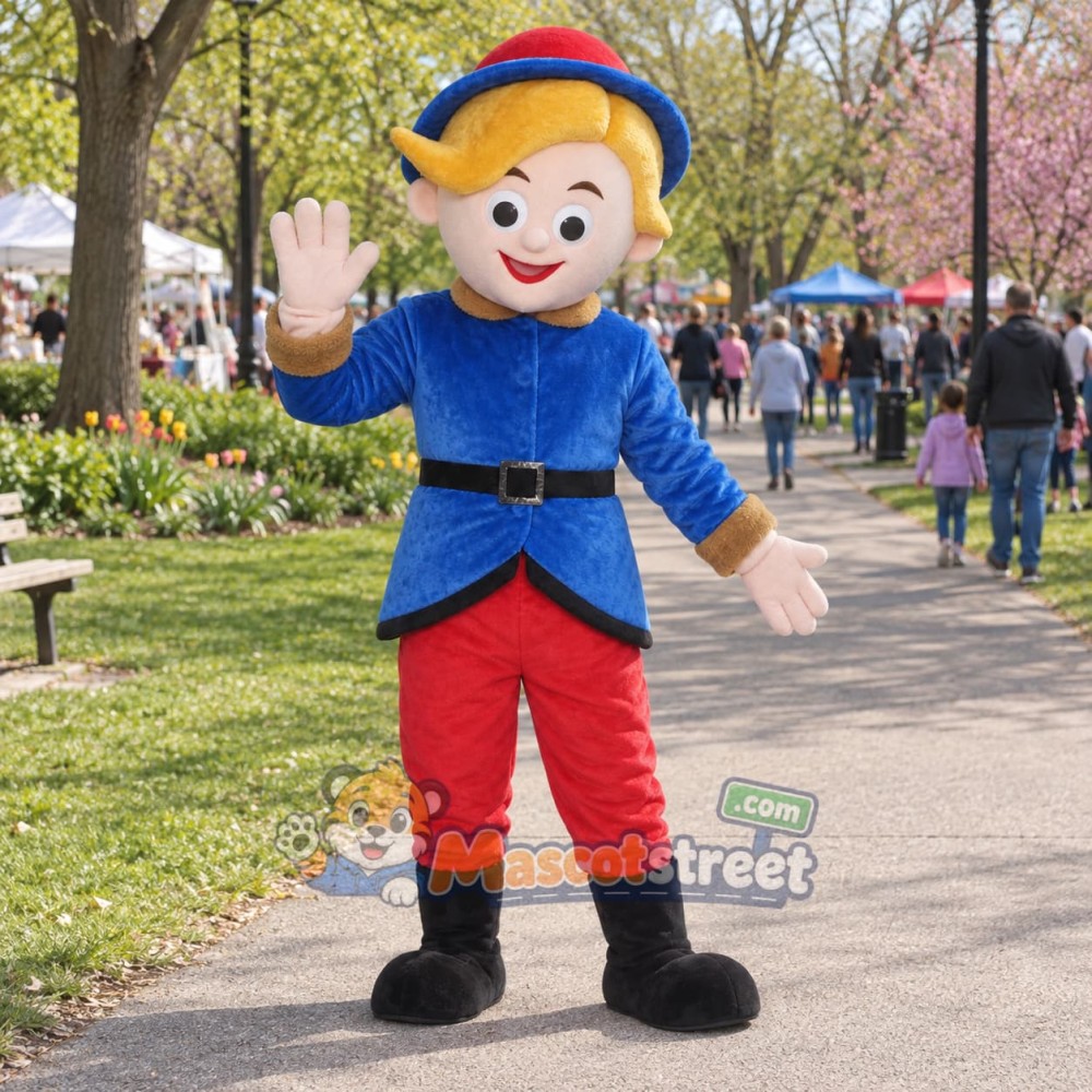 Elf Boy Mascot Costume with Blue Jacket and Red Pants
