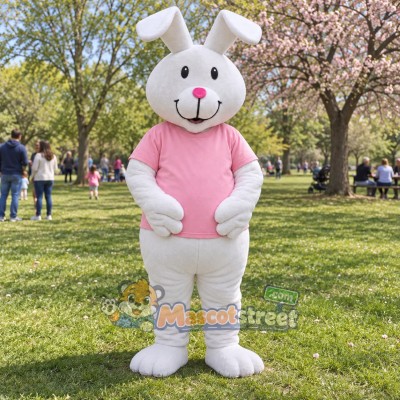 White Rabbit Mascot Costume with Pink Shirt White Rabbit Mascot Costume with Pink Shirt