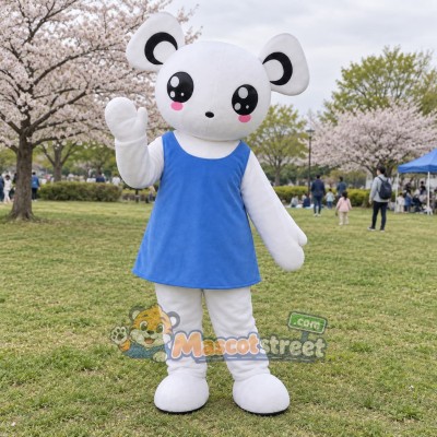 White Bear Mascot Costume with Blue Dress