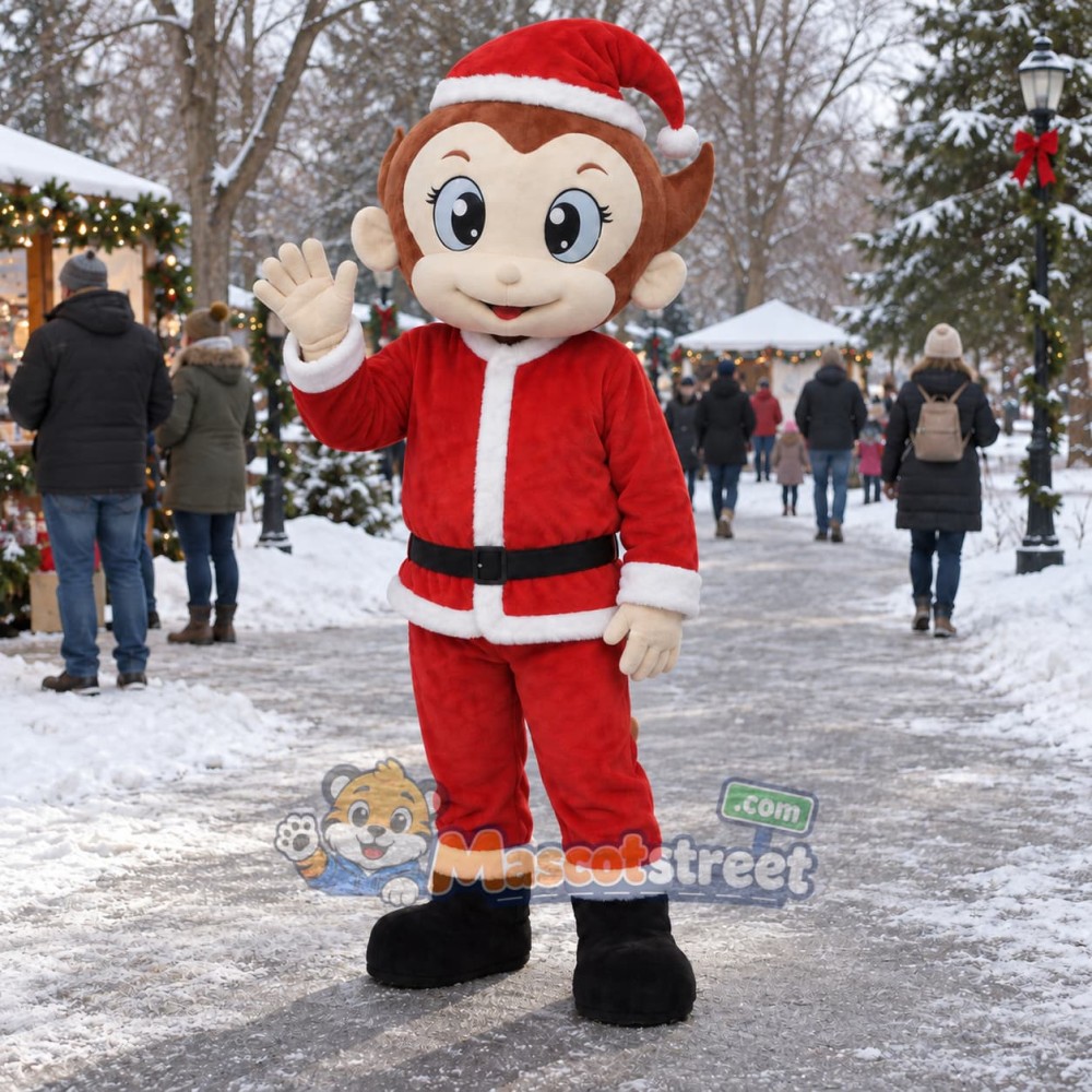 Brown Monkey Mascot Costume with Red Santa Suit Brown Monkey Mascot Costume with Red Santa Suit
