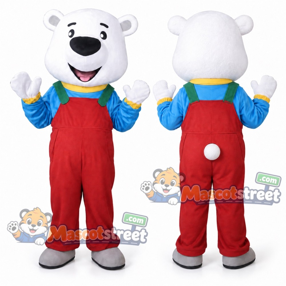 Polar Bear Mascot Costume with Red Overalls