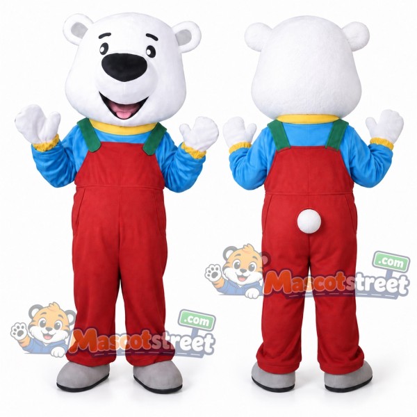 Polar Bear Mascot Costume with Red Overalls