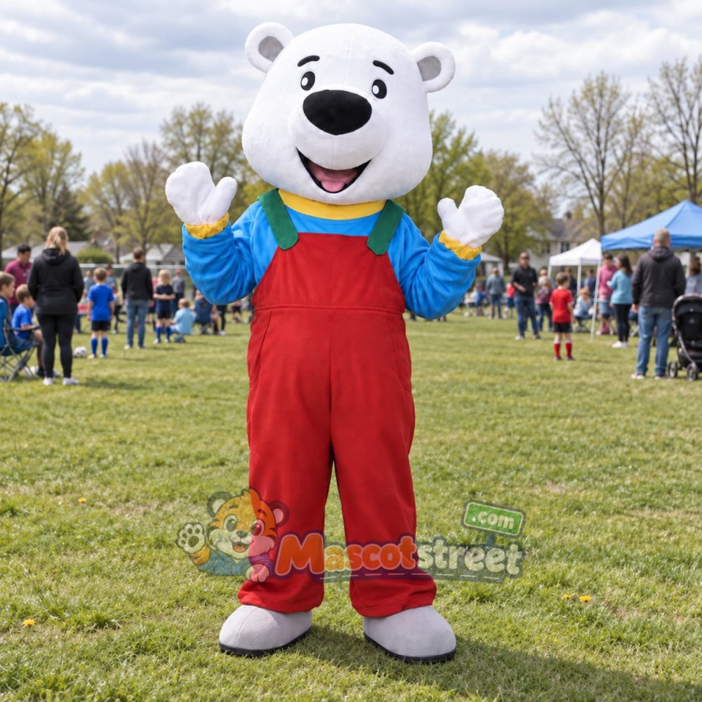 Polar Bear Mascot Costume with Red Overalls