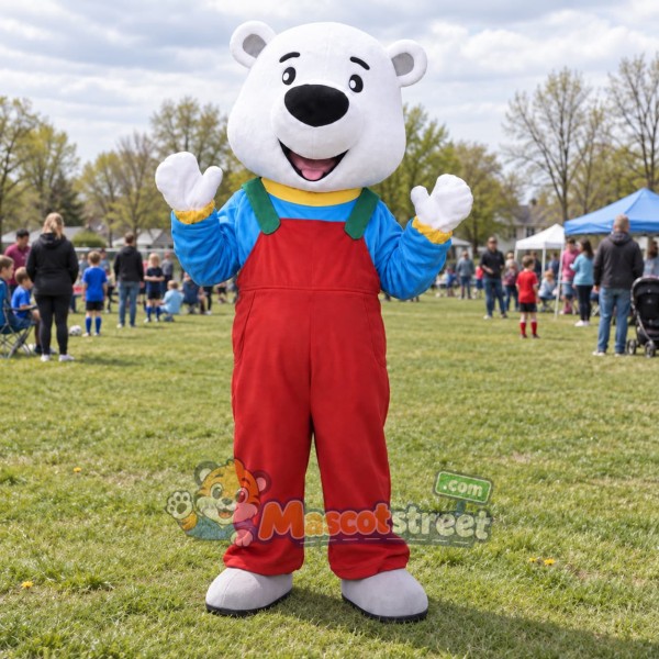 Polar Bear Mascot Costume with Red Overalls