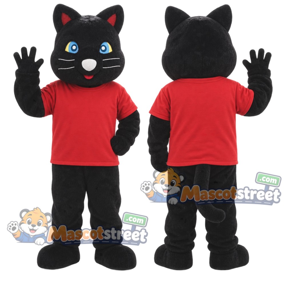 Black Cat Mascot Costume with Red Shirt Black Cat Mascot Costume with Red Shirt