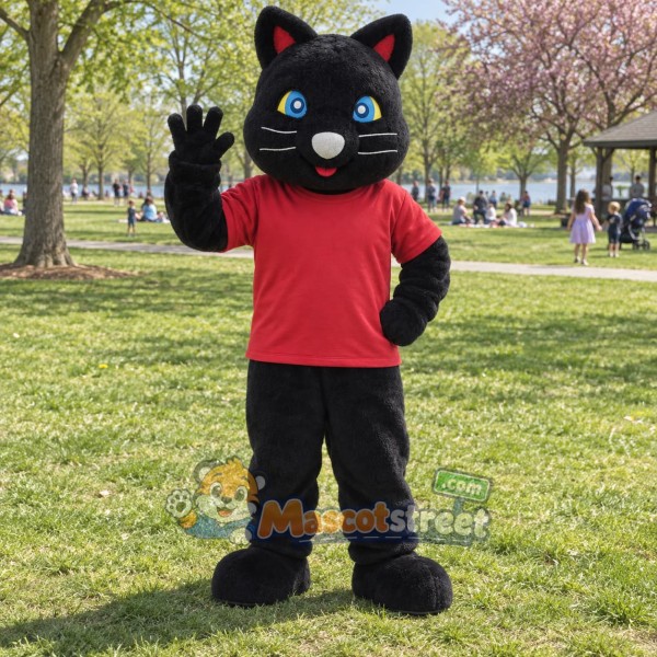 Black Cat Mascot Costume with Red Shirt