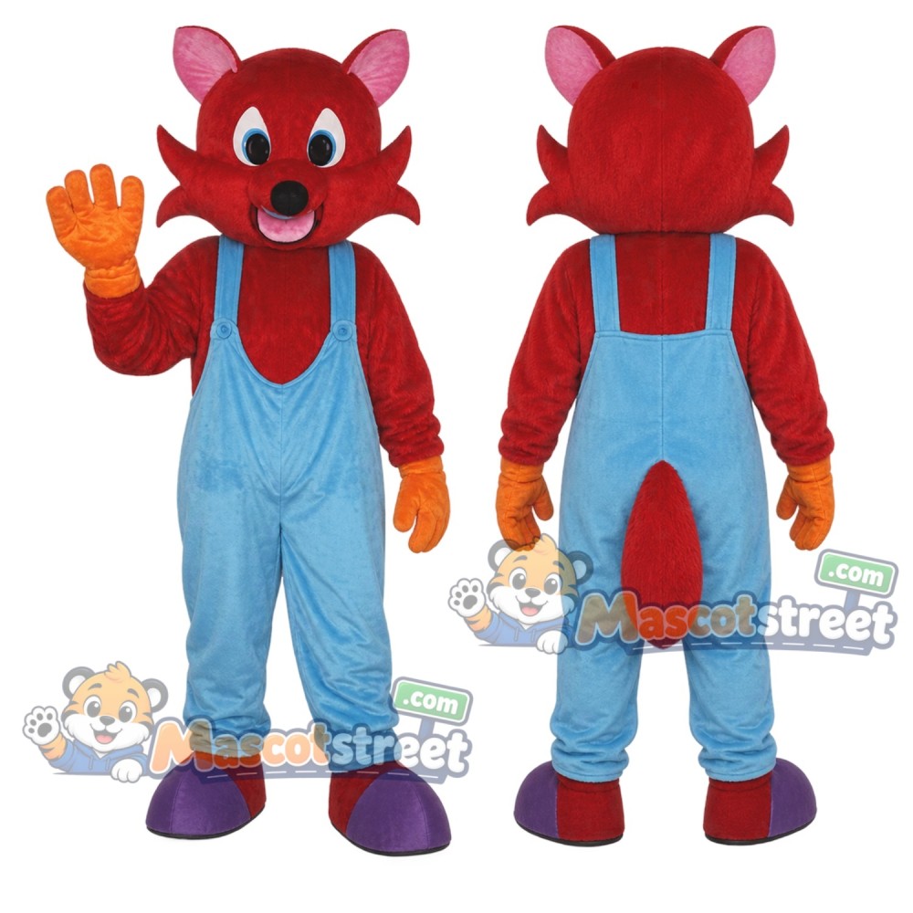Red Fox Mascot Costume with Blue Overalls Red Fox Mascot Costume with Blue Overalls