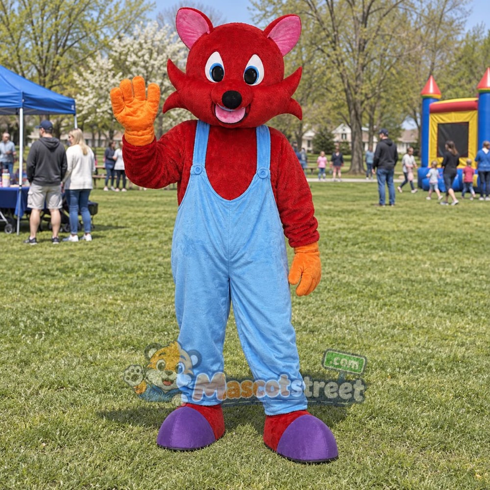 Red Fox Mascot Costume with Blue Overalls Red Fox Mascot Costume with Blue Overalls